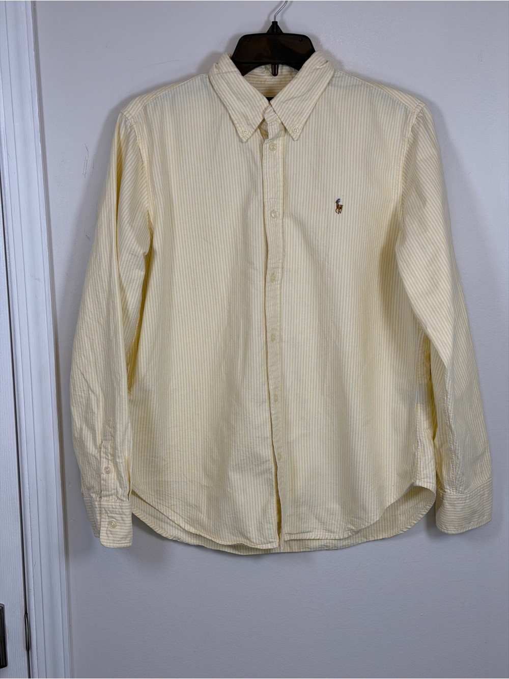 Ralph Lauren Women’s Yellow White Striped Button Down Shirt L Cotton Classic